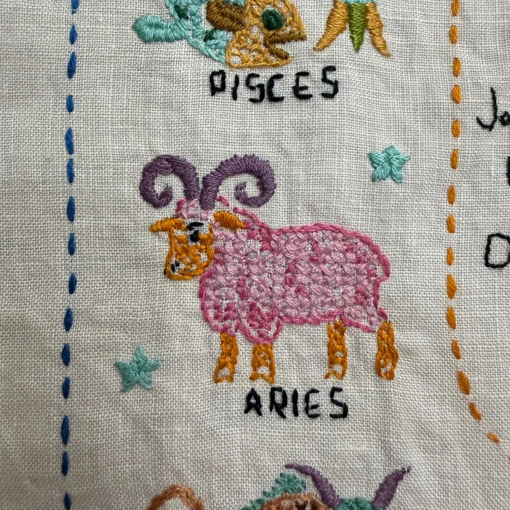 Vintage Zodiac Astrology Hand Finished Cross Stitch Bohemian Folk Art Embroidery